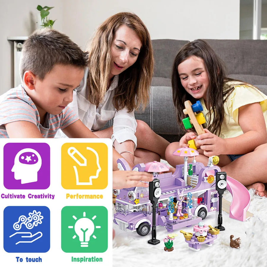 486PCS Girl Friends Double-Storey Star Rabit Bus Building Blocks Toys STEM Bricks Figures Flower Christmas Day Toys Girls