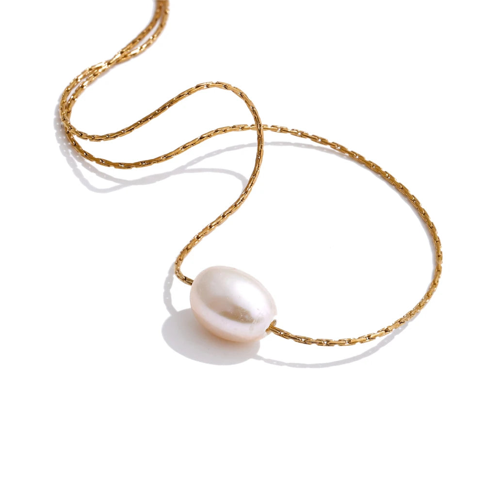 Yhpup Basic Style Jewelry Natural Freshwater Pearl Pendant Fashion Necklace Popular Stainless Steel Chic Waterproof Jewelry Gift