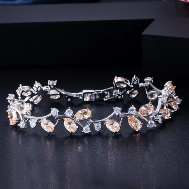 Pera Natural Royal Women Jewelry Silver Color Dark Blue CZ Crystal Leaf Chain Link Bracelets and Bangles for Party Gift B042