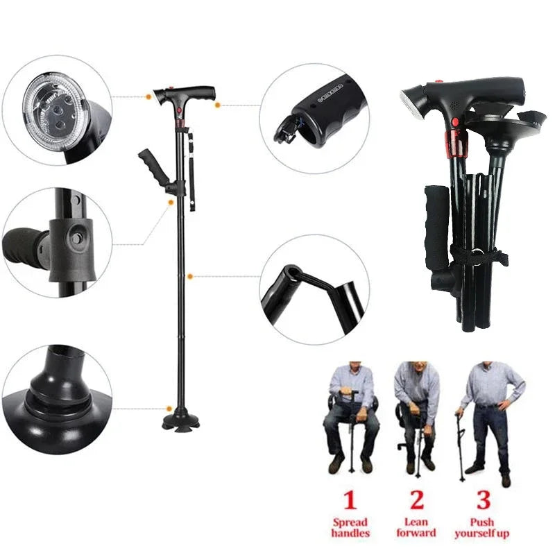 Collapsible Telescopic Folding Cane Elder Cane LED Walking Trusty Sticks Elder Crutches for Mothers The Elder Fathers with Alarm