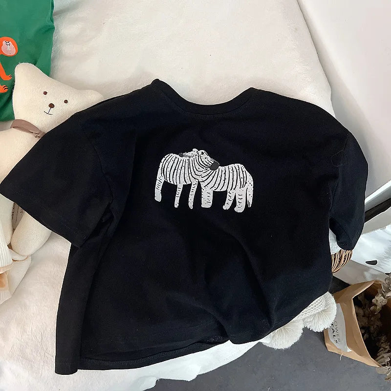 Korean Style Summer Kids T-Shirt Cute Cartoon Print Loose Fit Drop Shoulder Mid-Sleeve Top for Baby Boys Girls Toddler Clothes
