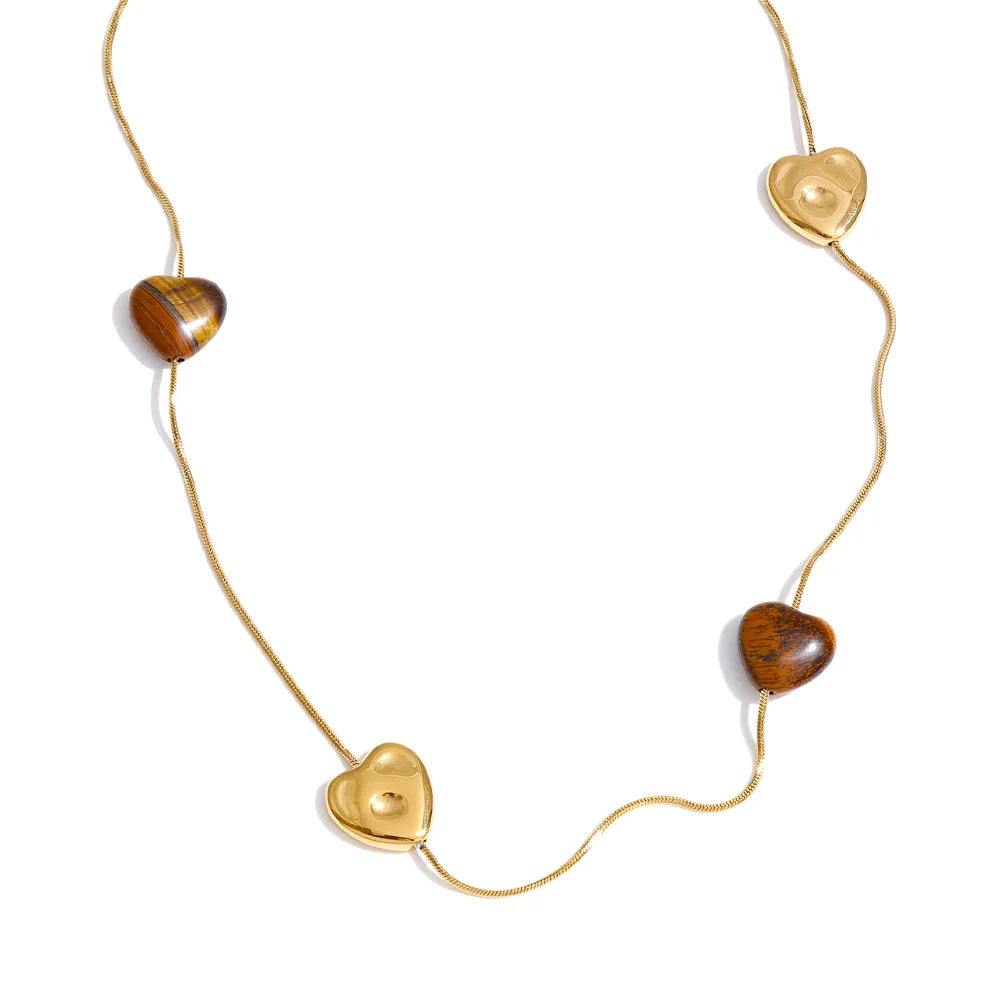 Yhpup 70+5cm Natural Tiger Stone Heart Sweater Long Chain Necklace for Women Stainless Steel New Arrival Trending Jewelry Gift