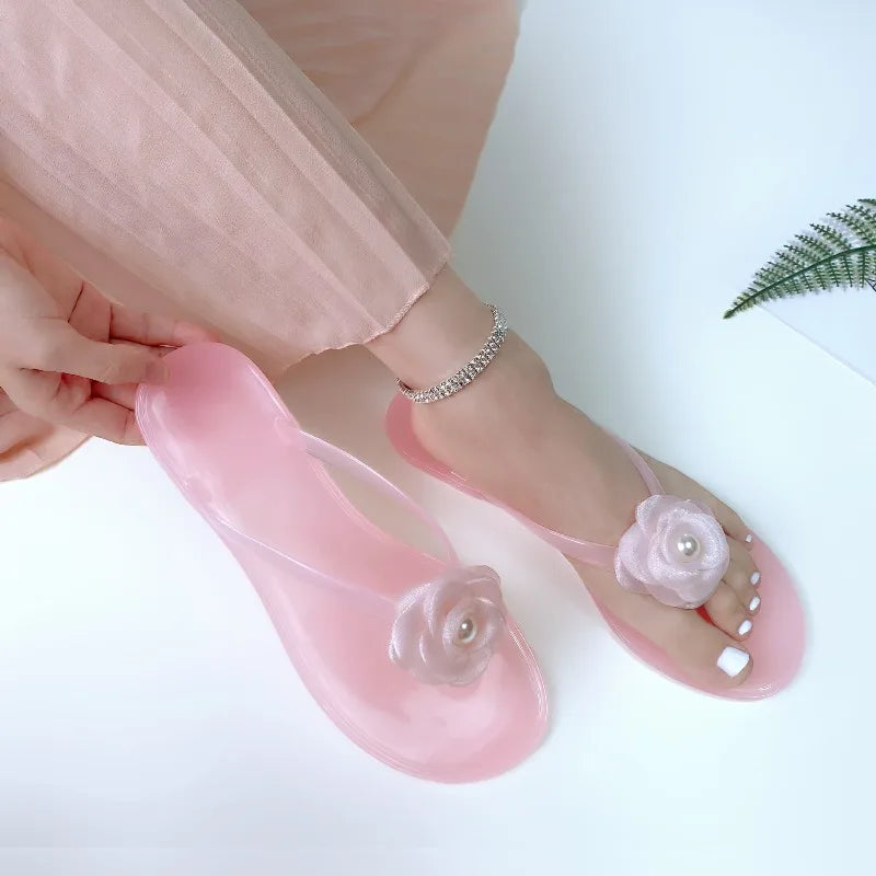 Summer Jelly-colored Women Flip-flop Sandals Women PVC Flower Non-slip Flat Soft Sole Beach Vacation Shoes Lady Bathroom Slipper
