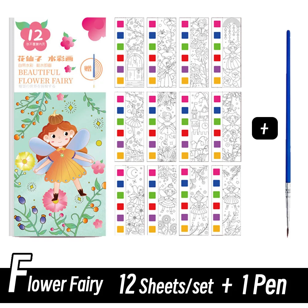 12 Sheets/Set Portable Watercolor Painting Paper Coloring Book With Paint Brush Filling Kids Graffiti Picture Drawing for Kids