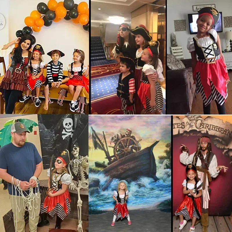 Girls Pirate Costume Set Caribbean Themed Dress with Skull Print Halloween Party Cosply Outfit Includes Toy Gift Carnival 3-12Y