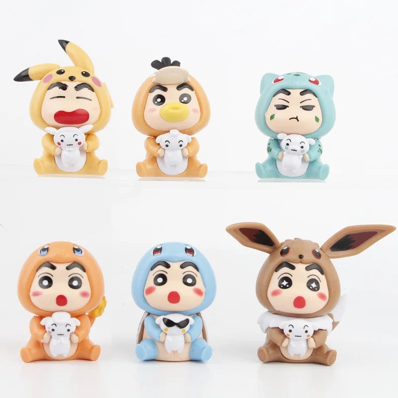 6pcs/set Crayon Shin-chan as pokemon Eevee Pikachu Bulbasaur Charmander Squirtle Psyduck Action Figure Toys 9CM