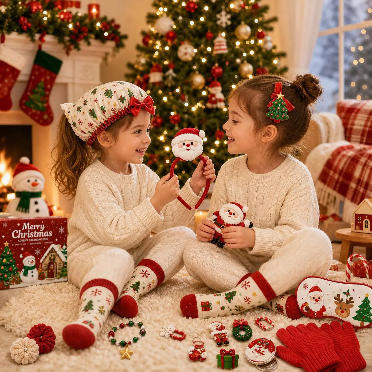 24Pcs Christmas Advent Calendar Gift Set, Cute Xmas Themed Beauty Hair Accessories Kit, Including Santa Hairband, Scrunchies,