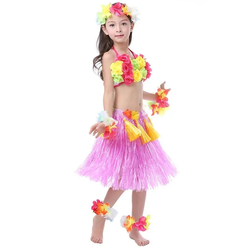 Boy Girl's Elastic Hawaiian Hula Dancer Grass Skirt with Flower Wristband Necklace Bra Costume Party Favors Halloween Christmas