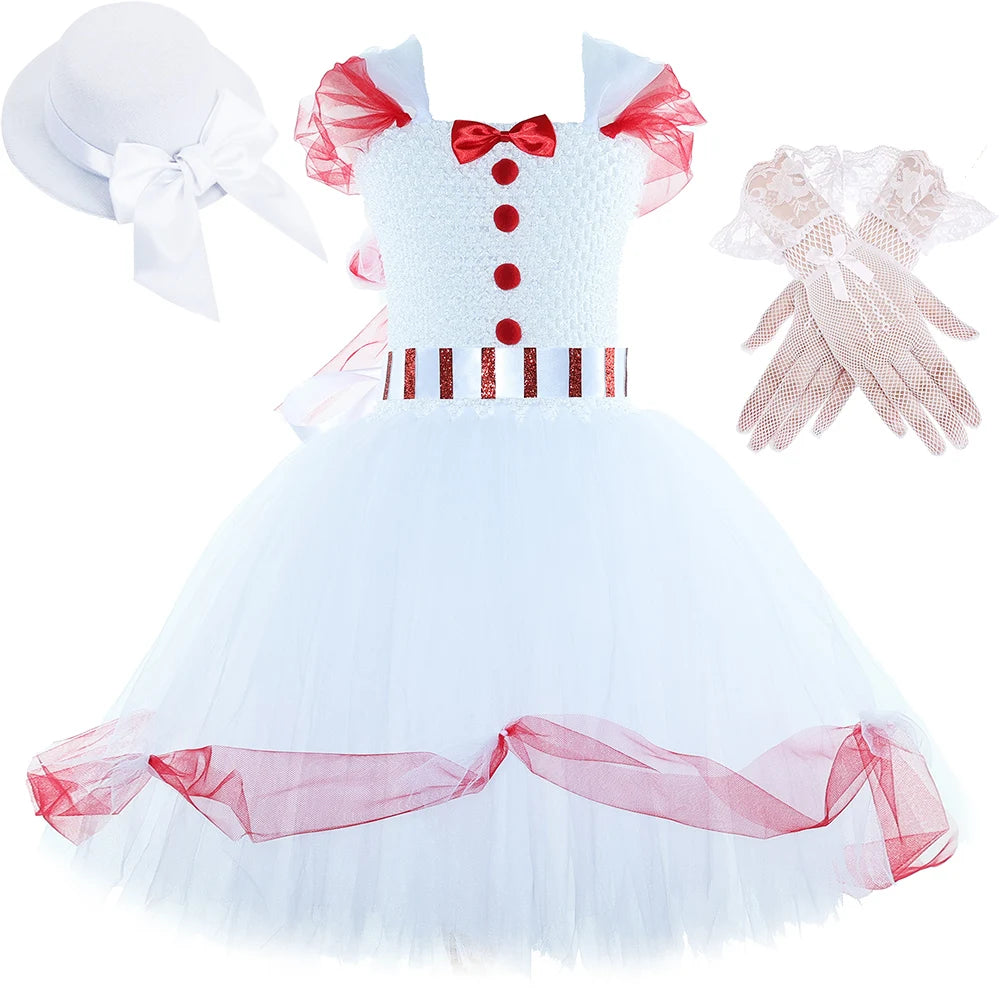 Magical Nanny Mary Poppins Costume Kids Halloween Dress Up Red White Tulle Princess Dress for Girls Christmas Party Tutu Dress