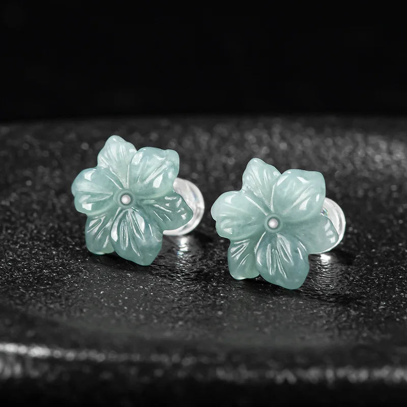 Natural A-grade Jade Blue Plum Blossom Earrings Ice Seed Jadeite Petals S925 Silver Inlaid Ancient Style Women's Gifts Jewelry