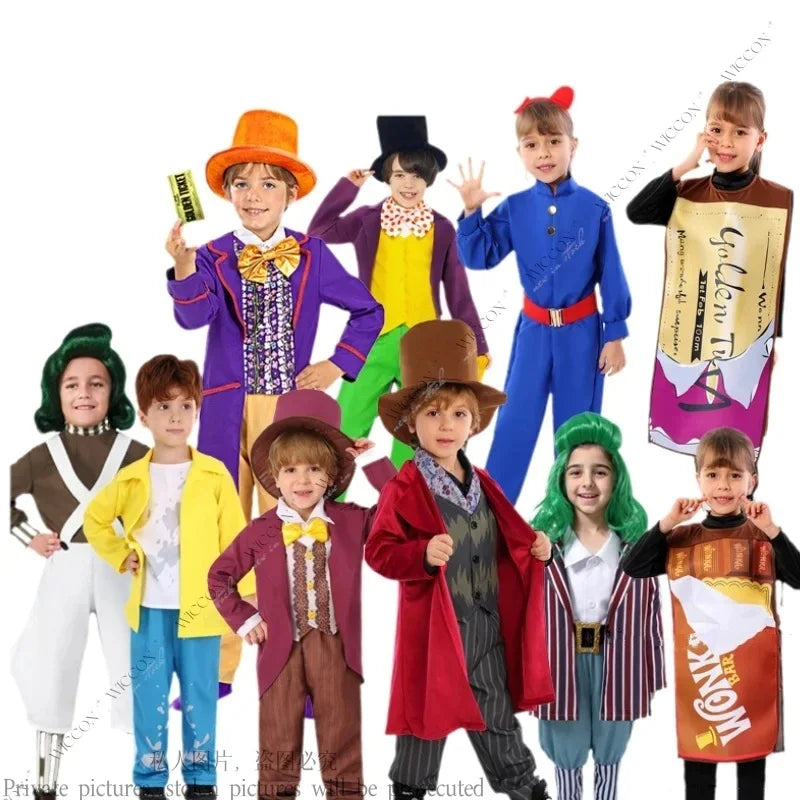 Chocolate Factory Willy Cosplay Costume Charlie Uniform Child Role Play Outfit Full Suit Halloween Masquerade Kid Cloth Jump#1#W