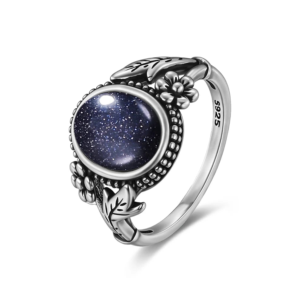 Vintage S925 Sterling Silver Natural 8*10mm Larimar Stone Ring Gift Flower leaf Shaped Moonstone Ring Fine Jewelry For Women