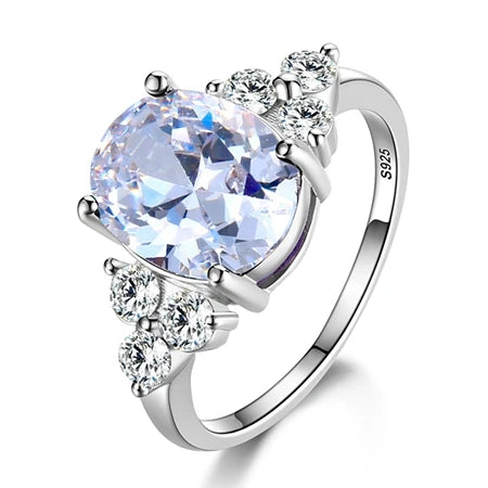 Women's Jewelry S925 Silver Rings White Pink Light Blue Champagne Zircon Oval Wedding Ring