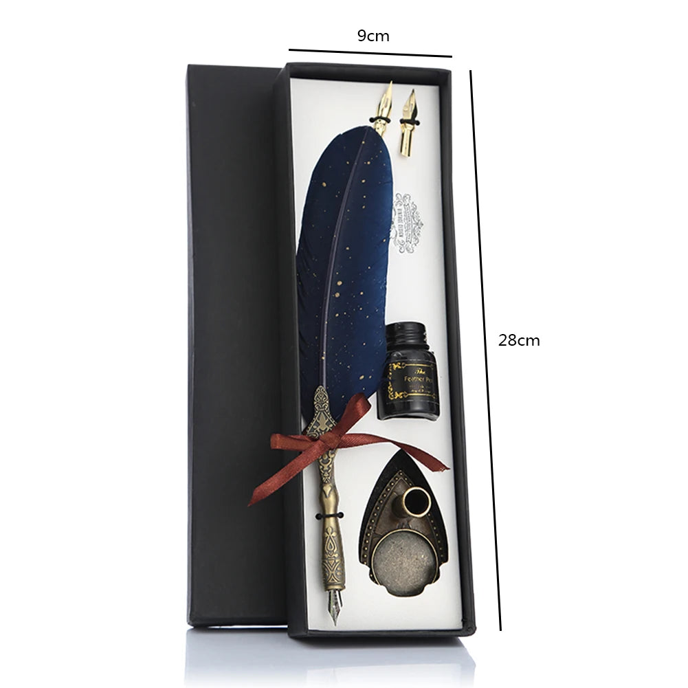 1 Set Retro Classic Texture Practical Calligraphy Feather Dip Pen No Ink Quill Fountain Writing Portable Wedding Gifts Box