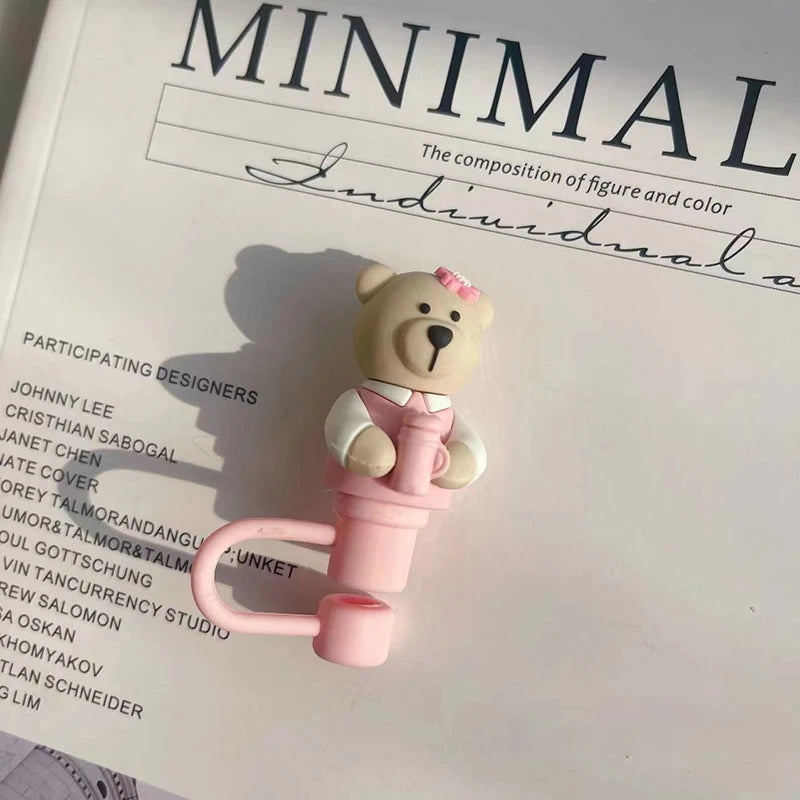 Cute Bear Straw Cover Dust Cap Silicone Kawaii Cherry Straw Toppers For Tumbler Pink Drinking Charm Decor Cover For 7-8mm Straws