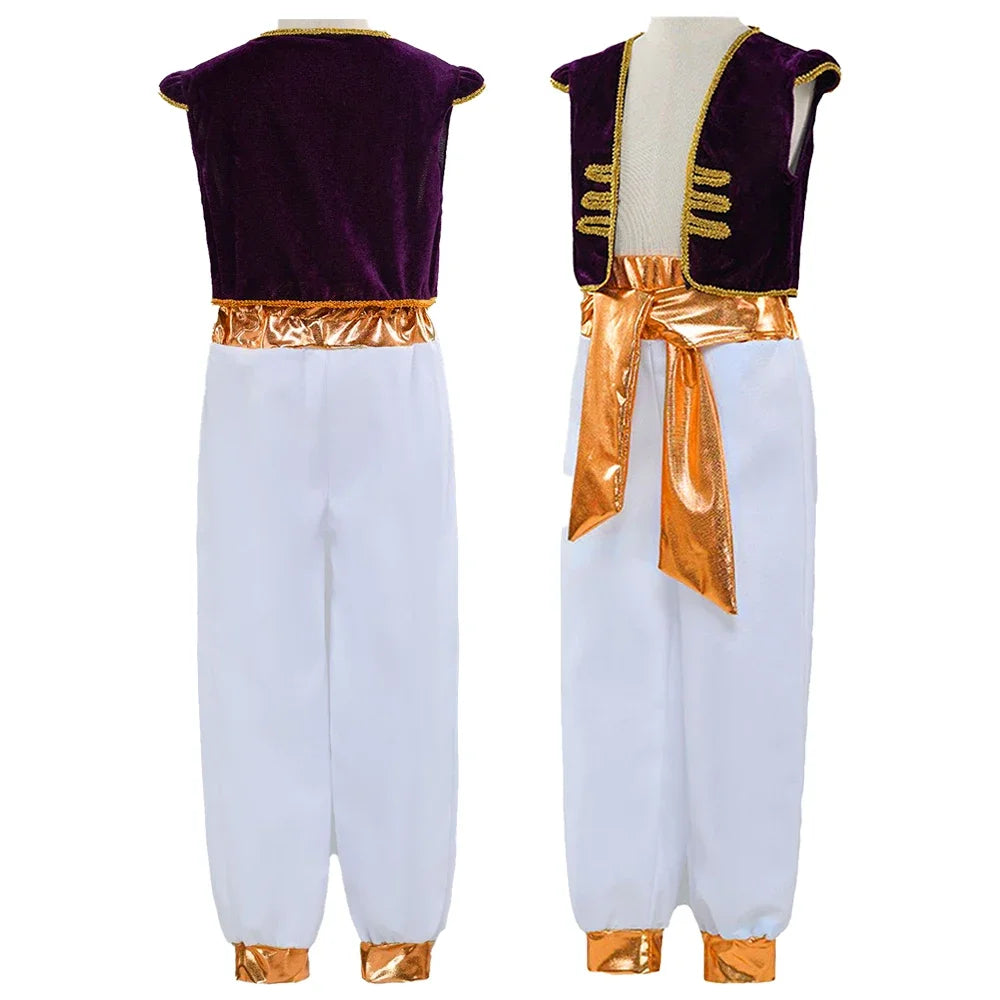 Boys Arabian Prince Costumes Suit Halloween Party Stage Performance Outfits Kids Vest Pants Belt Street Wear Clothes