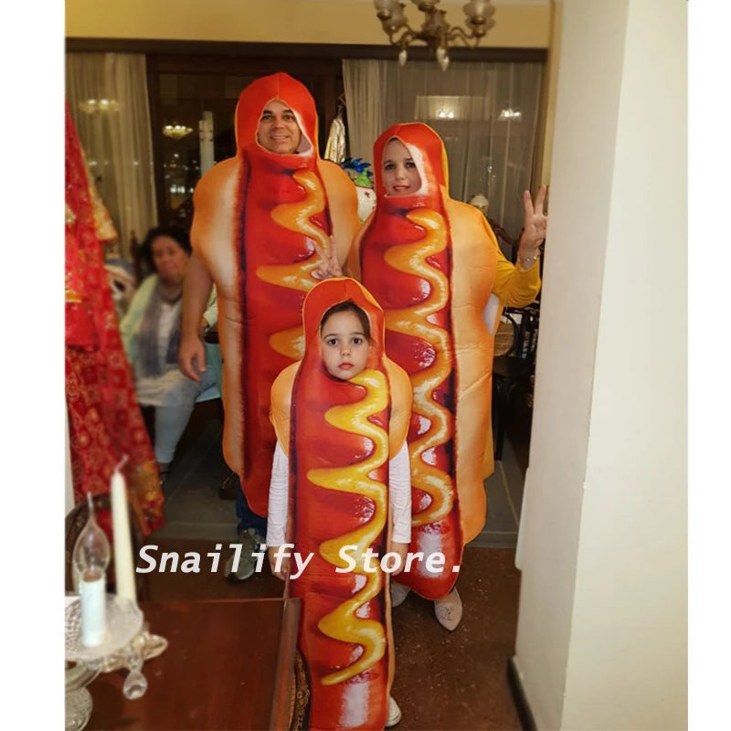 Adult Kids Funny 3D Print Food Sausage Hot Dog Costumes Halloween Men Women Family One-Piece Costume Carnival Food Costume
