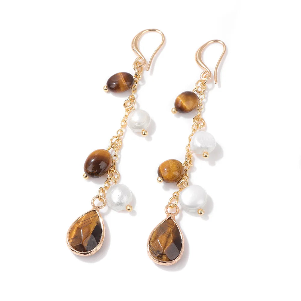 Natural Stone Long Earring Water Drop Pendent Amethysts Agates Lapis Lazuli Pearl Dangle Earrings for Women Girl Fashion Jewelry