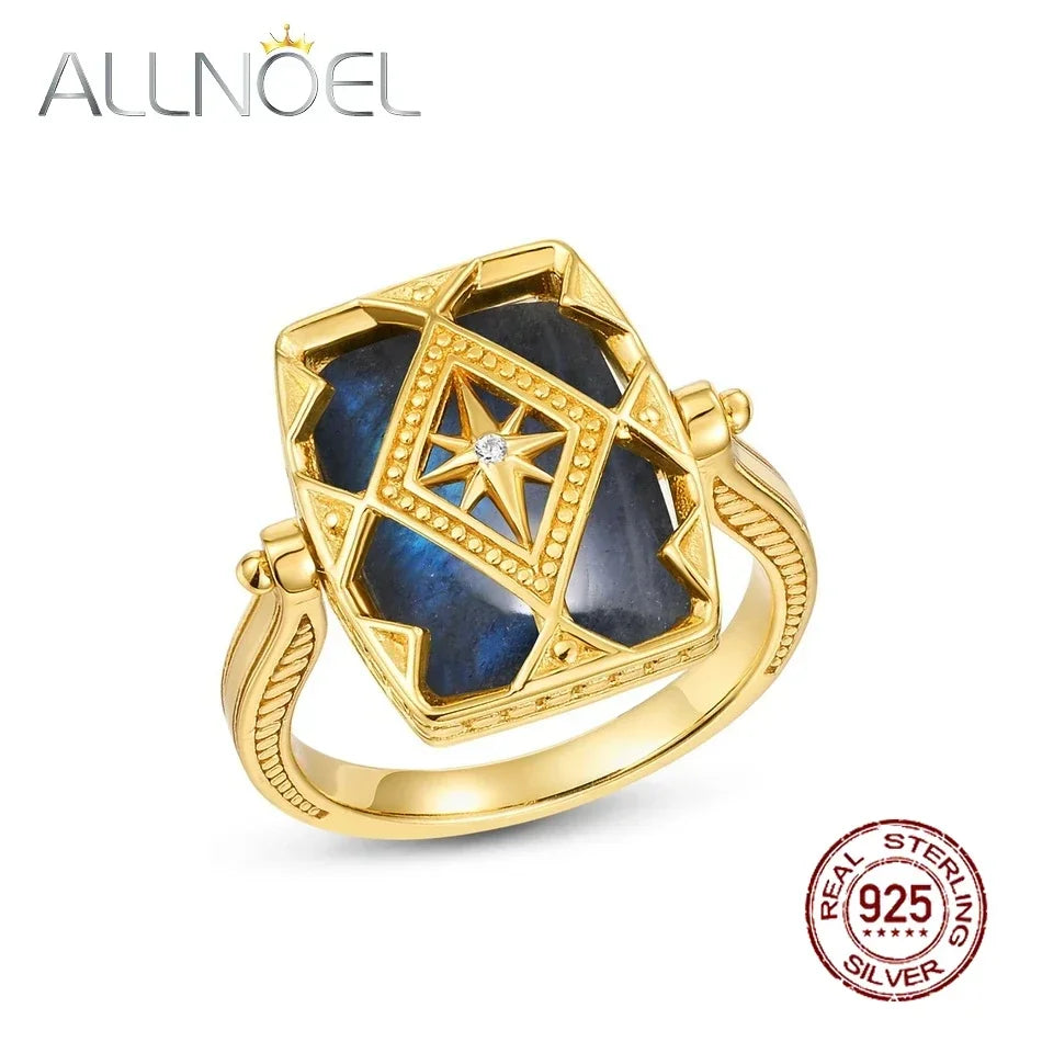 ALLNOEL 925 Sterling Silver Natural Labradorite Rings Yellow Gold Plated for Women Double Side Reversible Gemstone Jewelry Gift