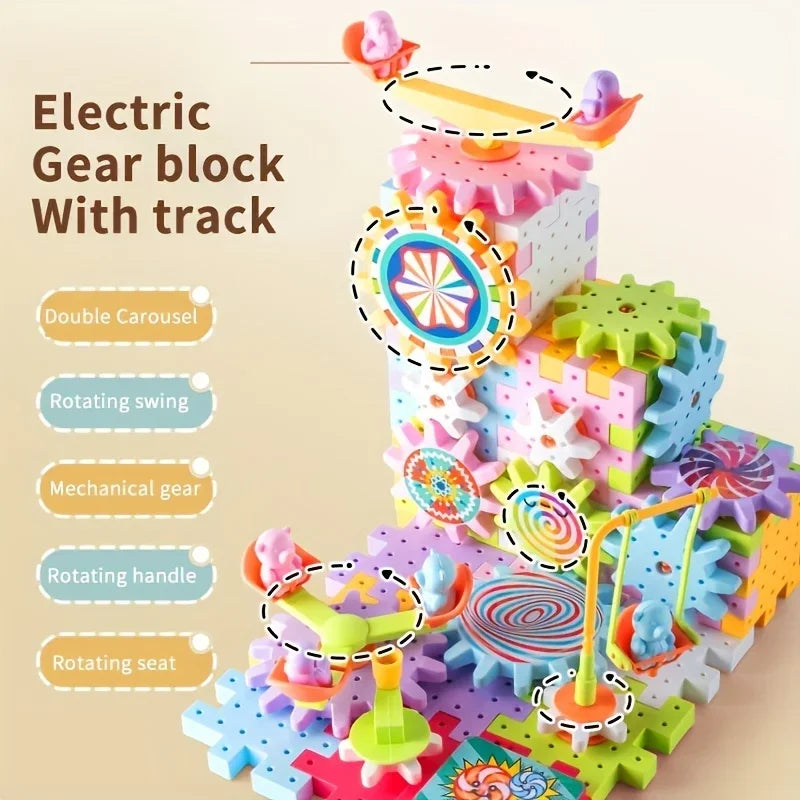 Electric Gear Building Toy Set Motorized Spinning Gears Set Gear Rail Car Big Building Blocks STEM Construction Toy Set