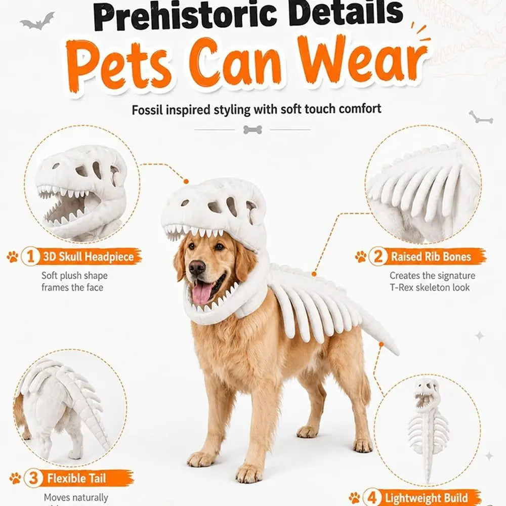Creative Dinosaur Skeleton Pet Costume Soft Washable Pet Dinosaur Costume Dark Halloween Pet Hood Outfit Halloween Decoration