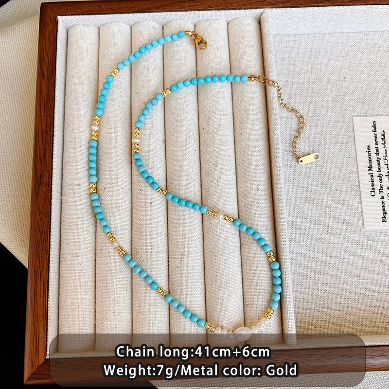 Elegant Double-layer Layered Imitation Turquoise Natural Pearl Beads Necklace Trendy Jewelry For Women's Sexy Collarbone Chain
