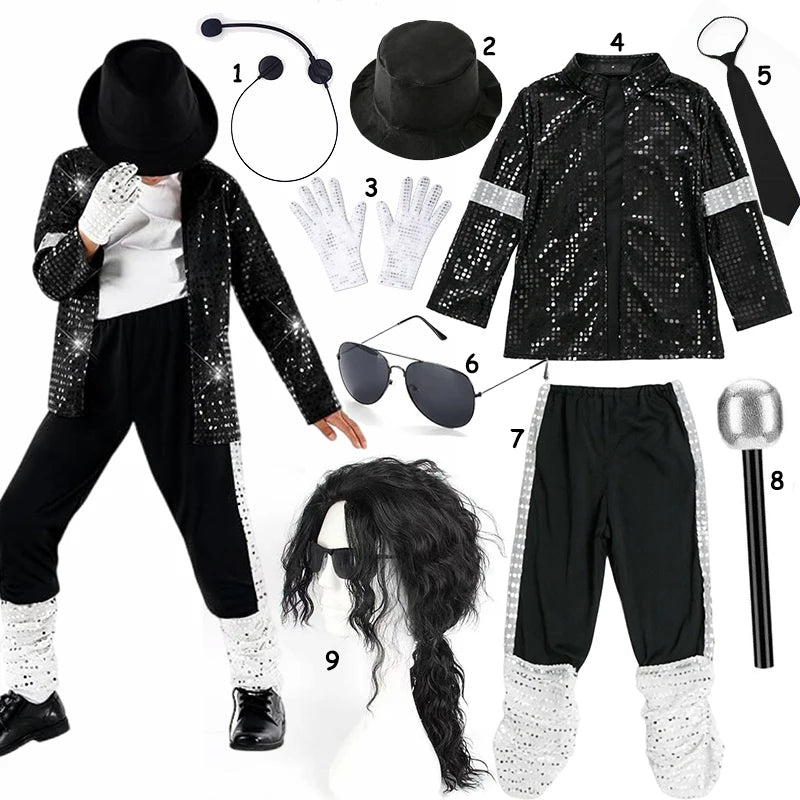 Kids 80s 90s Hip Hop Cosplay 5pcs Costume Boys Superstar Singer Outfit Halloween Carnival Stage Dance Cosplay Party Wear