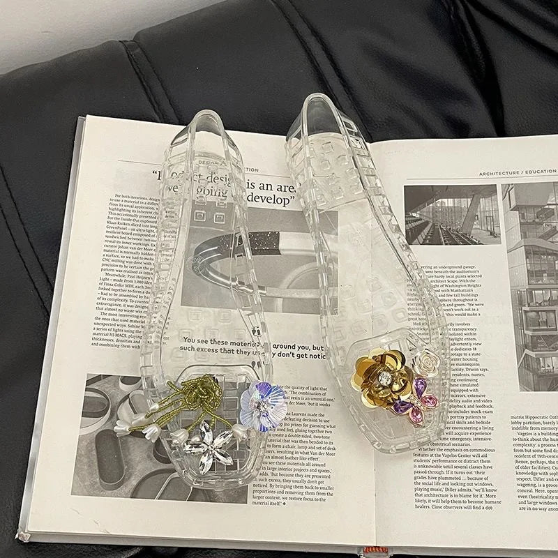 Korean Style High Grade Crystal Jelly Shoes Square Toe Hollow Out Flat Pearl Flower Decoration Summer Casual Shoes For Women