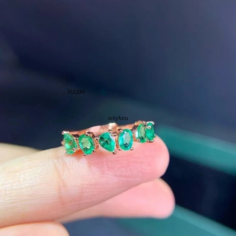 Natural Green Emerald Gem Ring S925 Silver Natural Gemstone Ring Elegant Wide Hollowing Grid Girl Women Party Gift Jewelry