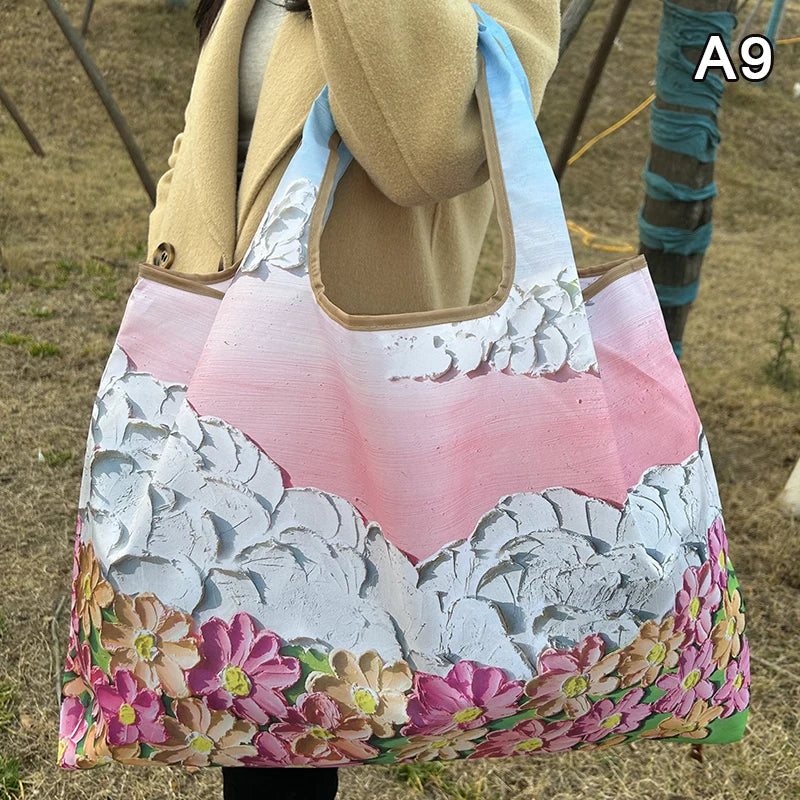 New Fashion Bag Foldable Shopping Bag Reusable Grocery Storage Bag Nylon Portable Shoulder Handbag Travel Tote Bag