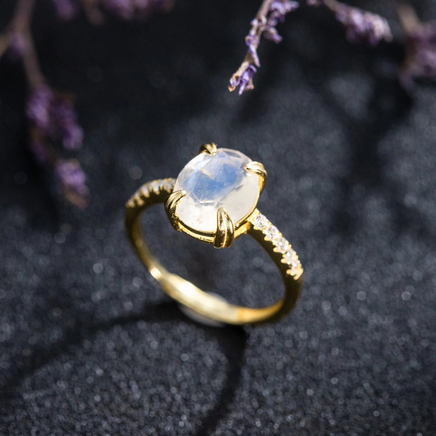 925 Sterling Silver Minimalist Oval Shaped Natural Moonstone Ring Blue Gemstone Engagement Jewelry for Women Half Eternity Band