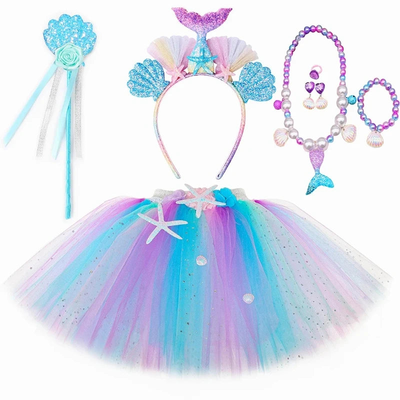 Mermaid Tutu Skirt Costume for Girls Halloween Birthday Party Princess Dress Up Outfit Flower Baby Toddler Kids Tutu Tulle Skirt
