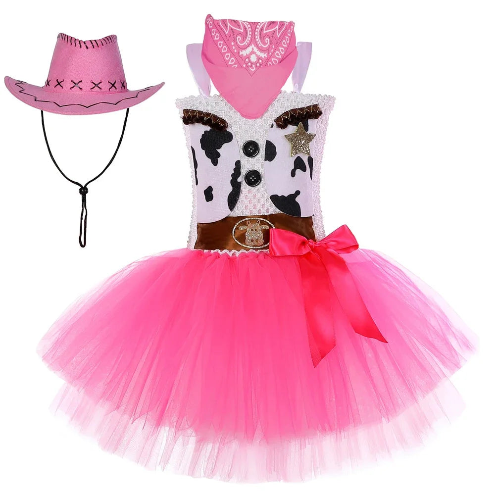 Pink Cowgirl Costume for Girls Birthday Party Tutu Princess Dress Girl Cow Cowboy Outfit Toddler Kids Halloween Dress Up Clothes