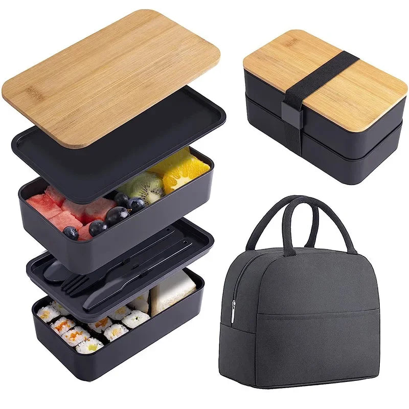 Adult Bento Lunch Box, 2-Tier Food Storage Container Set with Cutlery for Kids/children, Crisper Microwave and Dishwasher Safe