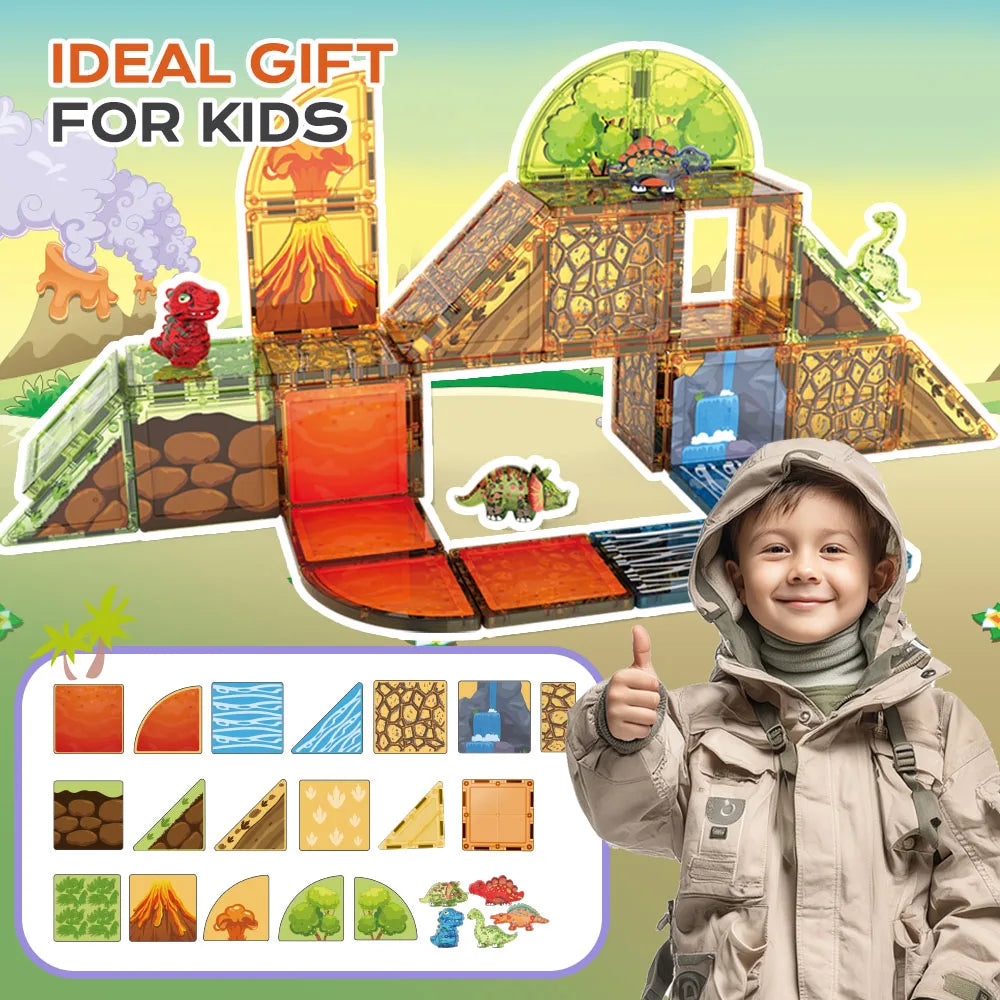 Magnetic Tiles Dinosaur Volcano Forest Theme Building Blocks, Educational STEM Toy for Kids, Ideal Birthday Christmas Gift