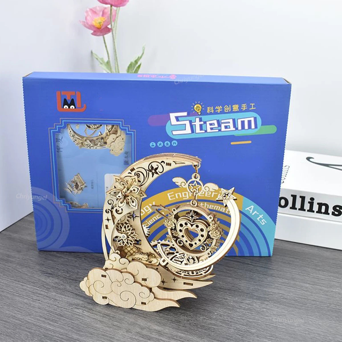 3D Wooden Puzzle Moon Star Model Music Box Building Kits Rotating Craft Decor Educational STEM Toy Gift for Adults Teens Kids