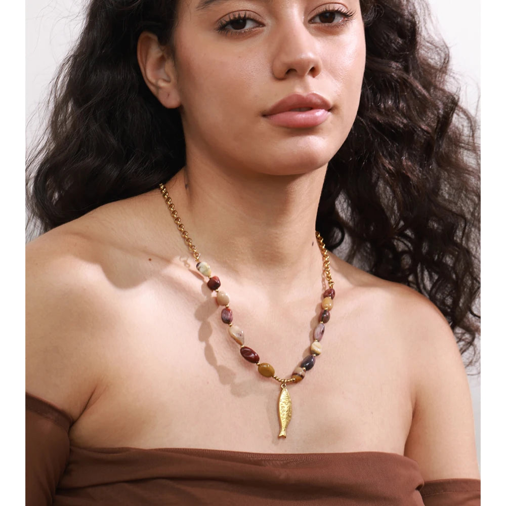 Yhpup Natural Stone Beads Chain Fish Pendant Necklace Ocean Series Stainless Steel Handmade Statement Jewelry Accessories