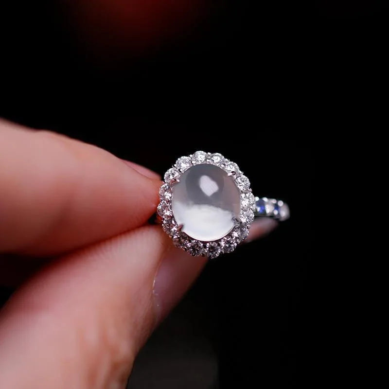 S925 Sterling Silver Natural Moonstone Ring Oval Egg Surface Diamond Ring Holder Party Gifts Fine Jewelry for Women