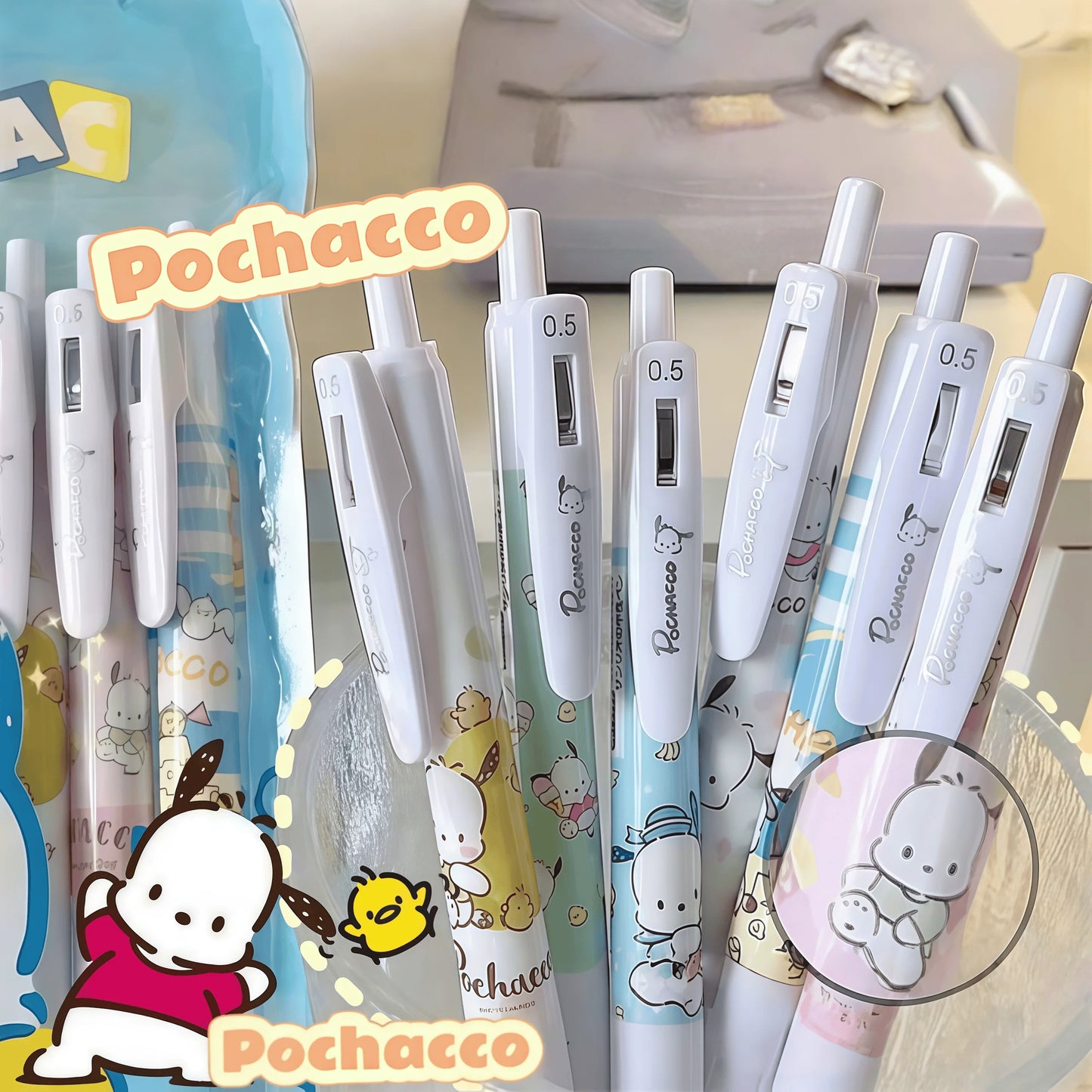 6Pcs/Pack Kawaii Sanrio Pochacco Gel Pens, Cute Cartoon Retractable Pens for Writing, Journal & Office Supplies