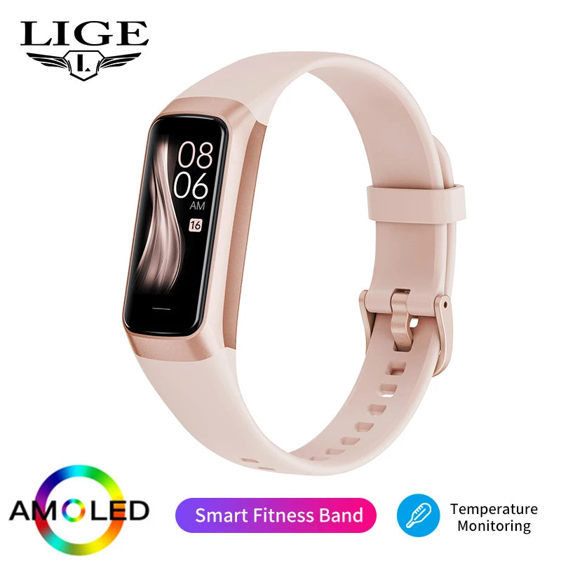 LIGE 1.1 Inch Amoled Heart Rate Monitor Smart Bracelet Wristband Slim Smart Watch Men Women Waterproof Fitness Tracker Band