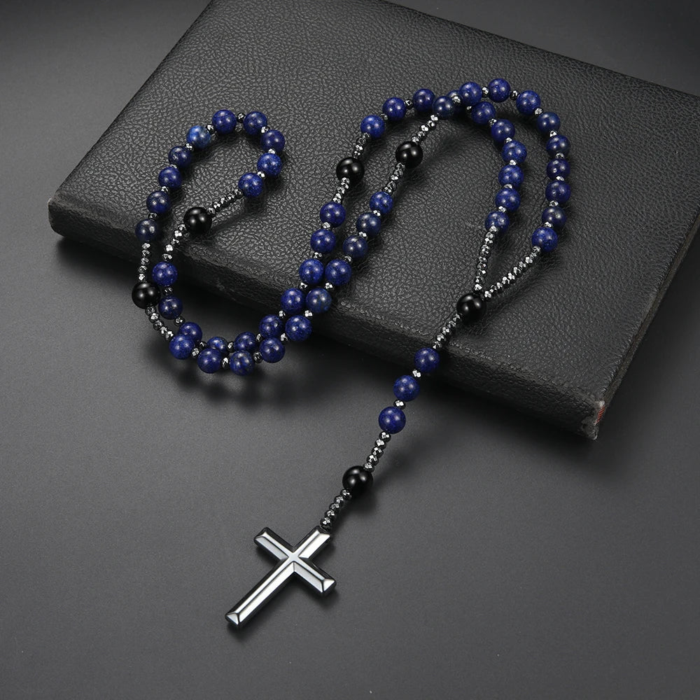 Natural Stone Blue Round Beads Gemstone Cross Pendant Necklace for Men and Women Rosary Prayer Jewelry