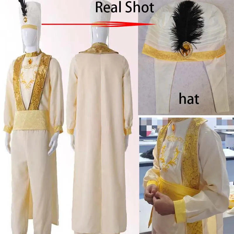 Adult Arabian Prince Costume – Hat, Coat, Pants & Belt Set for Halloween & Stage, S–XXL