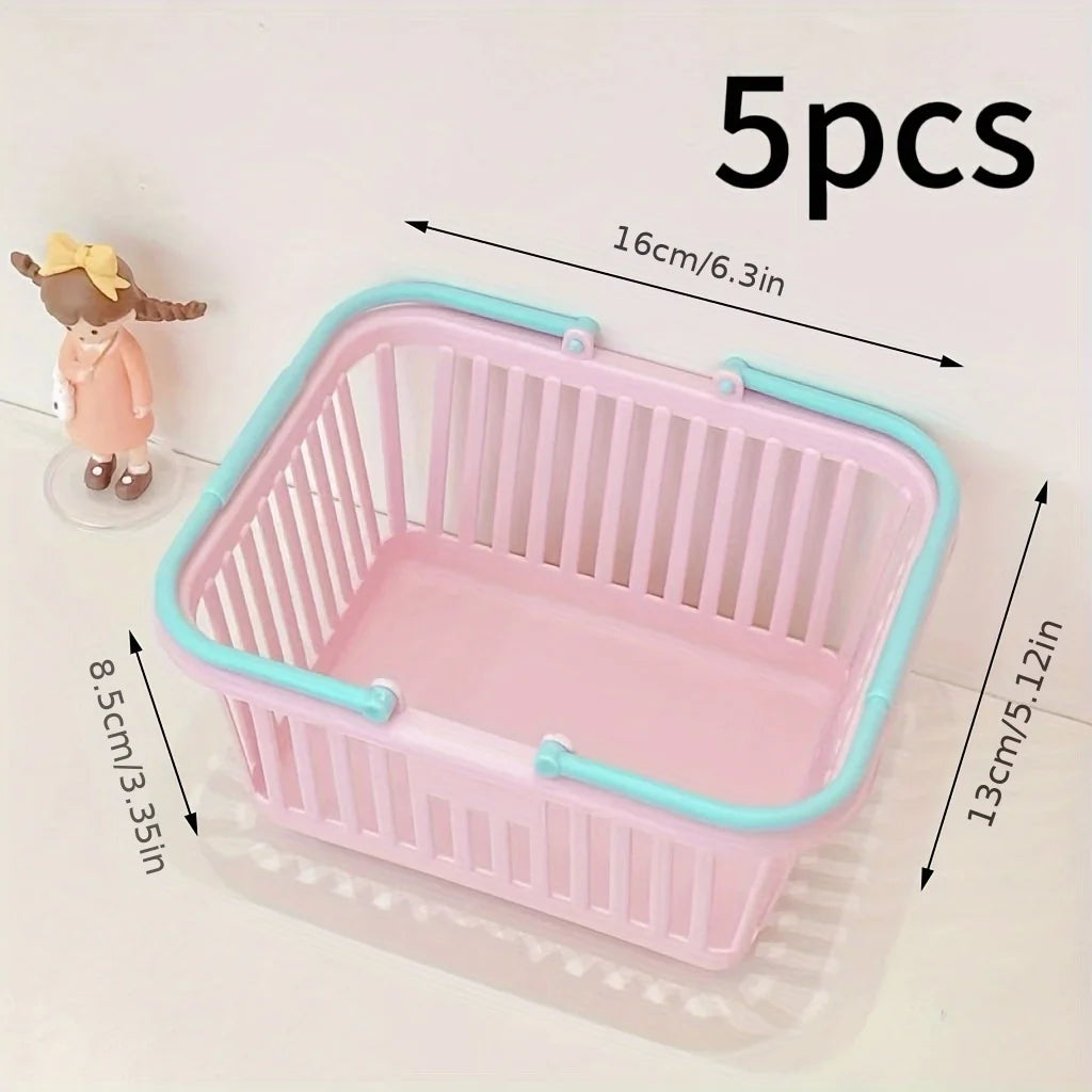 5pc Macaron Color Mini Storage Baskets with Handle Fruit Cosmetics Stationery Organizer Desktop Bathroom Organization Basket Set