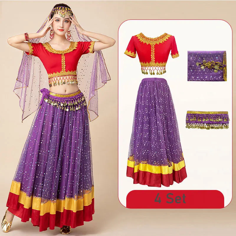 Adult Indian Sari Belly Dance Tops Skirt Costume Uniform Women Arabic Halloween Bollywood Bellydance Rave Party Dress Up Outfit