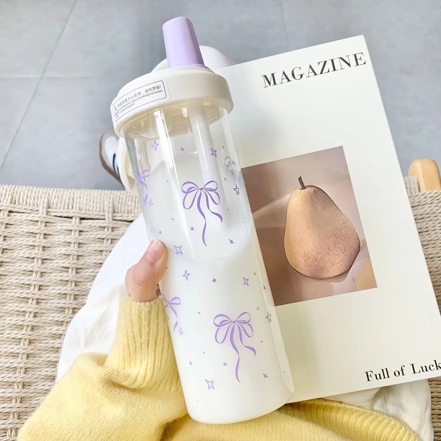 700ml Portable Large Capacity Women Water Cup Pink Bow Print Tumbler Water Bottle with Straw Lid Girly Attractive Drinking Cup