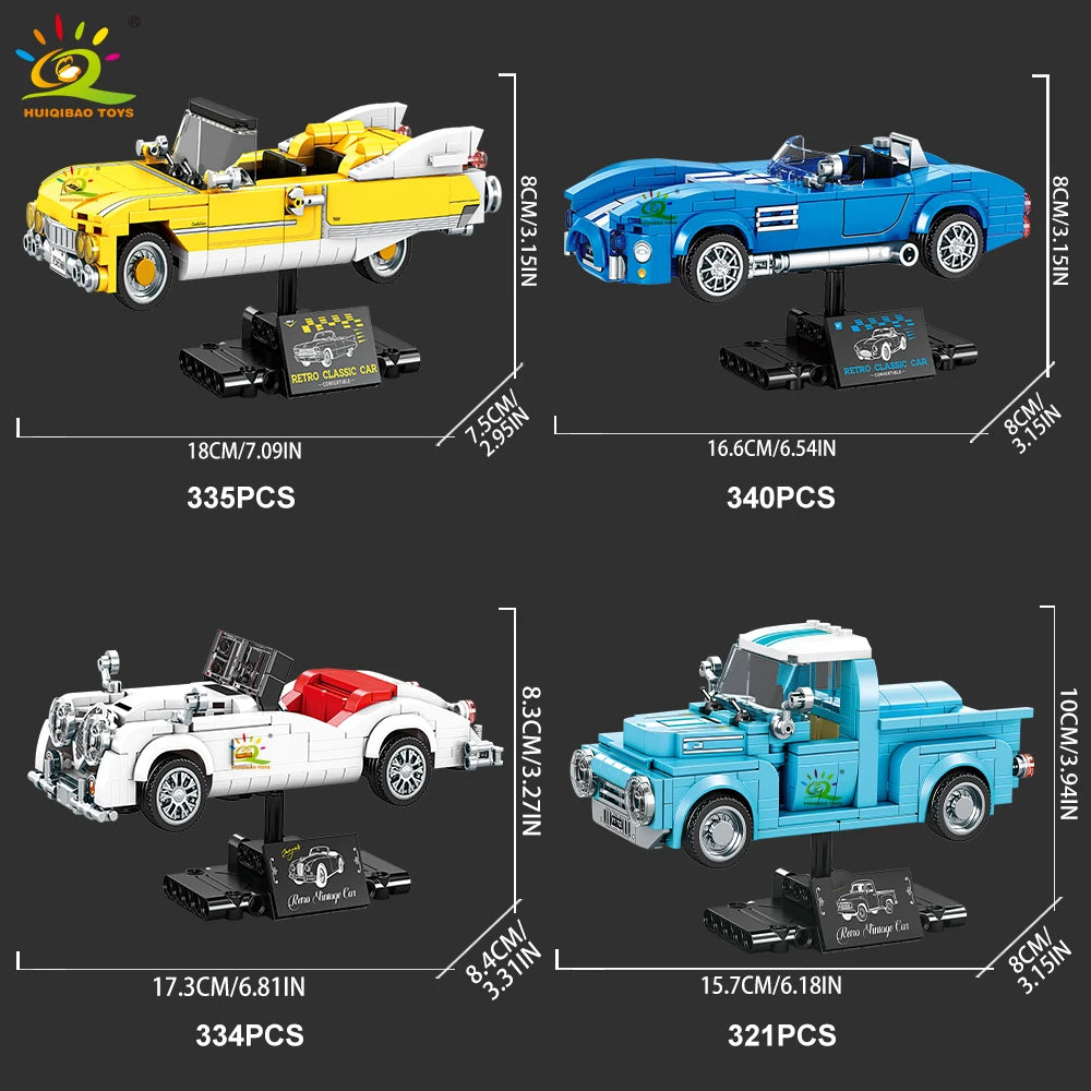 HUIQIBAO MOC Vintage Sports Car With Display Rack Building Blocks Set Retro Classic City Racing Truck Model Bricks Kit Ornament