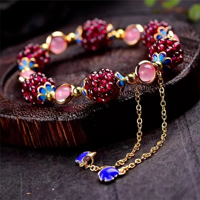 Vintage Simple Bohemia Fashion Natural Garnet Stone Ethnic Bracelet Multi-Circle Pomegranate Crystal Charming Bracelet Gifts