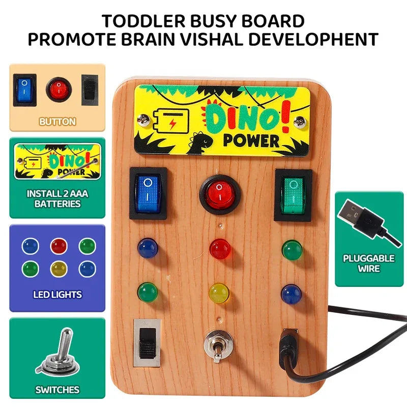 Montessori Busy Board with 8 LED Light Switches, Sensory Toy, Travel Toy, Suitable for Infants and Toddlers Aged 1 Year and Up
