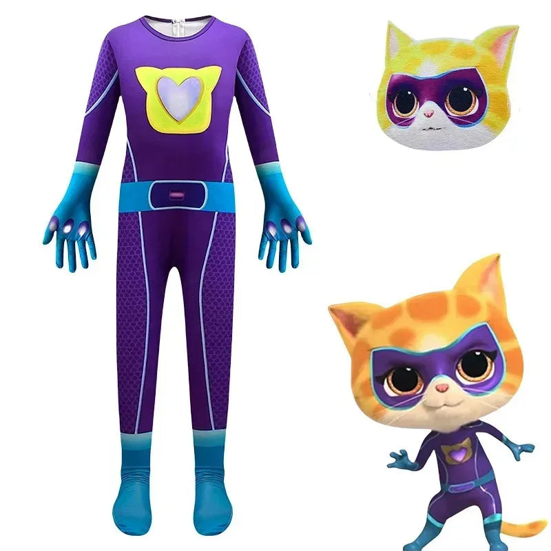 ❤Baby Girls Bodysuit Mask Cosplay Child Super Kitties Cat Costume Kids Halloween Disguise Outfit Suit Baby One-piece Jumpsuit★❤★