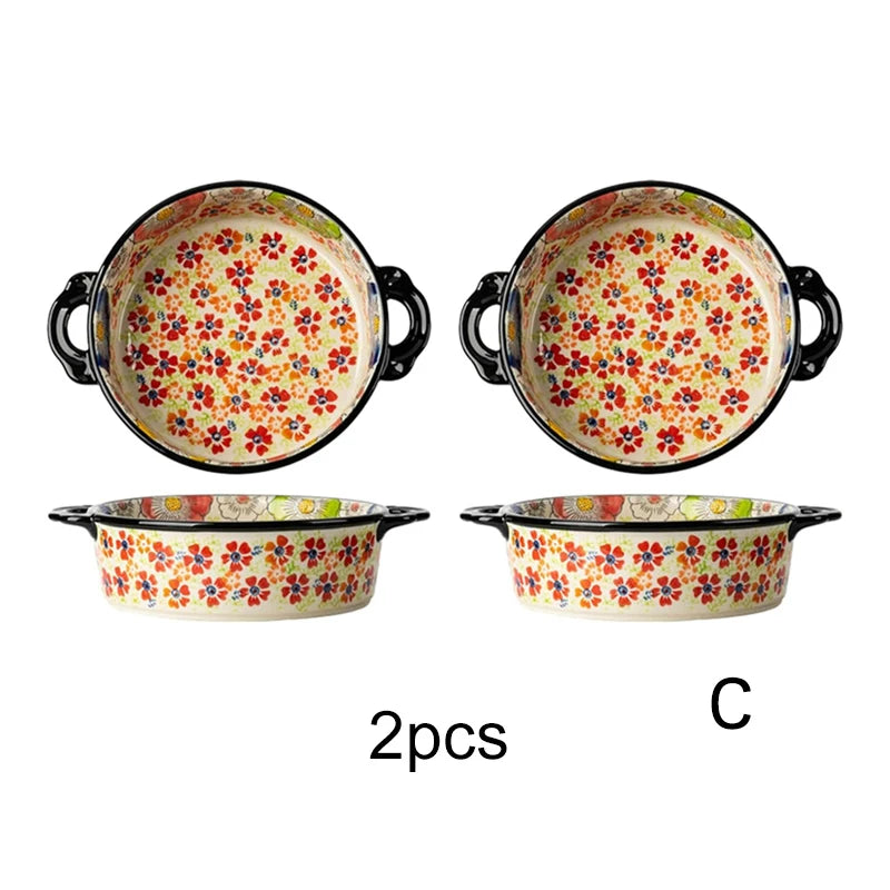 Polish Pottery Floral Baking Dish Set, Hand Painted Ceramic Bakeware with Handles, Oven Safe for Casserole & Fruit Serving